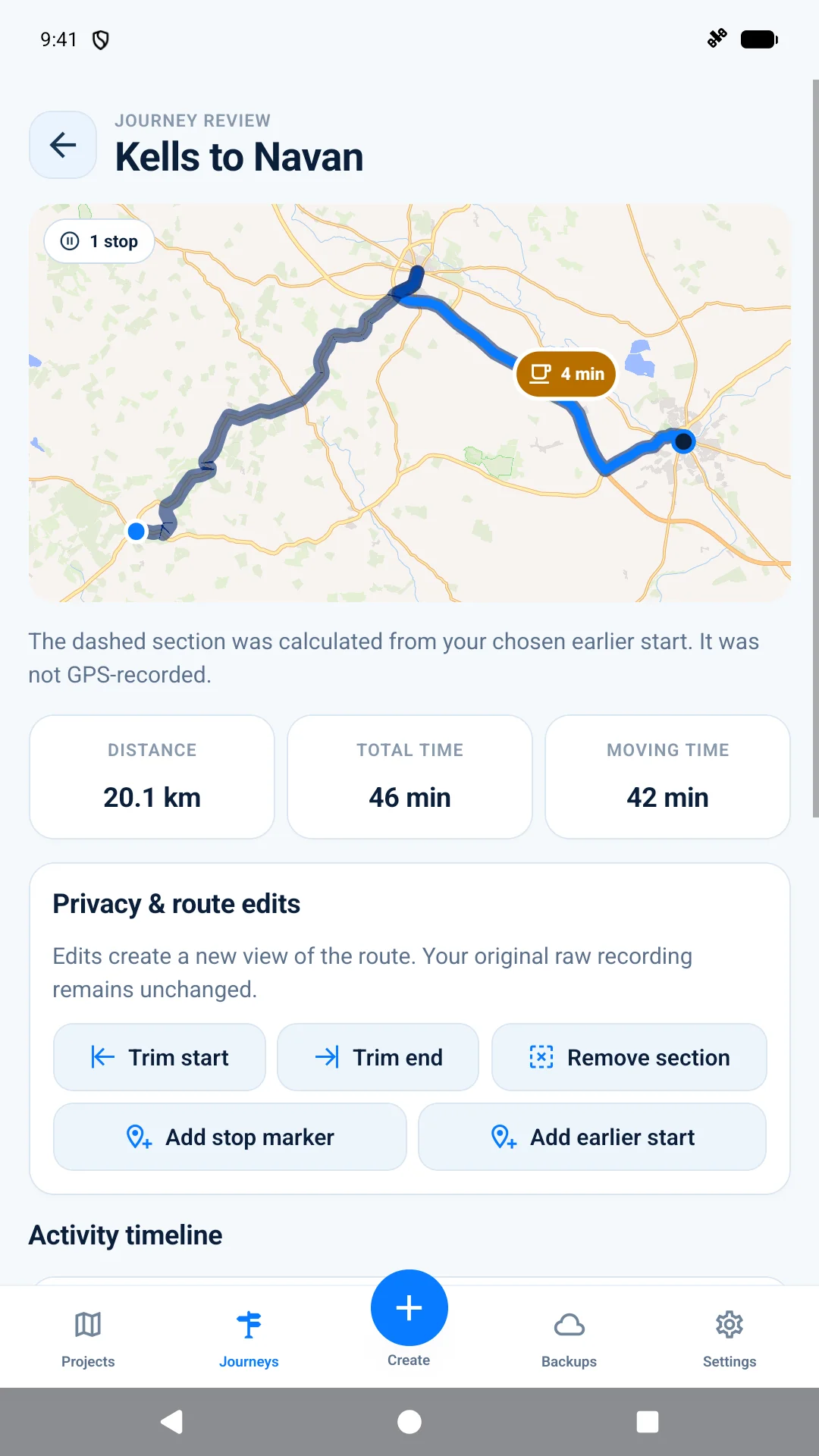 Journey review showing a recorded route, distance, time and editing controls